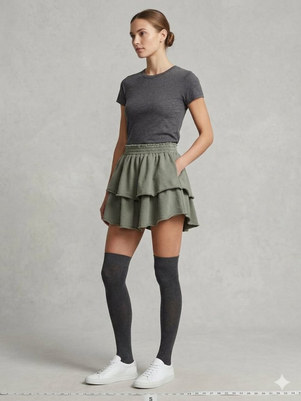 Aerie olive green tiered skirt with raw edges, size small